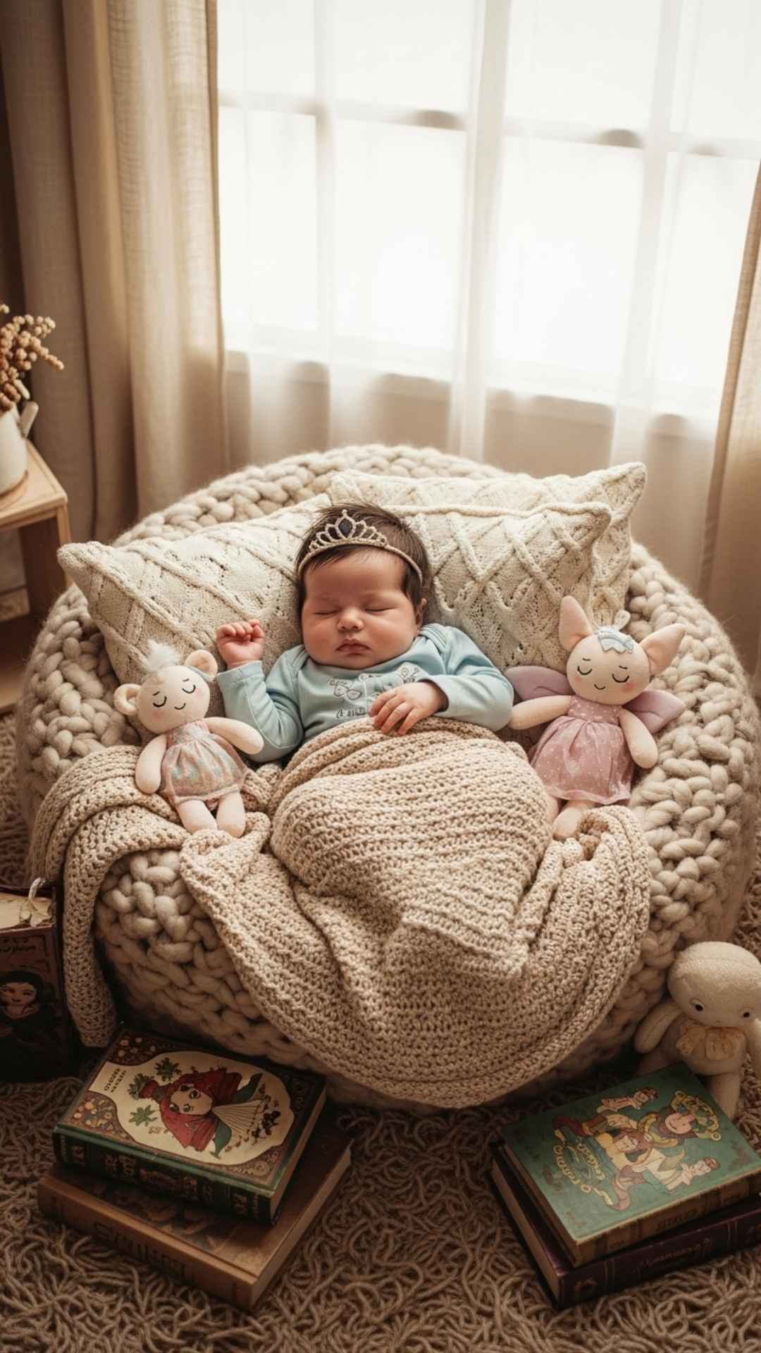 A wide-angle shot of a baby princess sleeping peacefully in a cozy nest of blankets, surrounded by soft toys and books in warm, natural light.