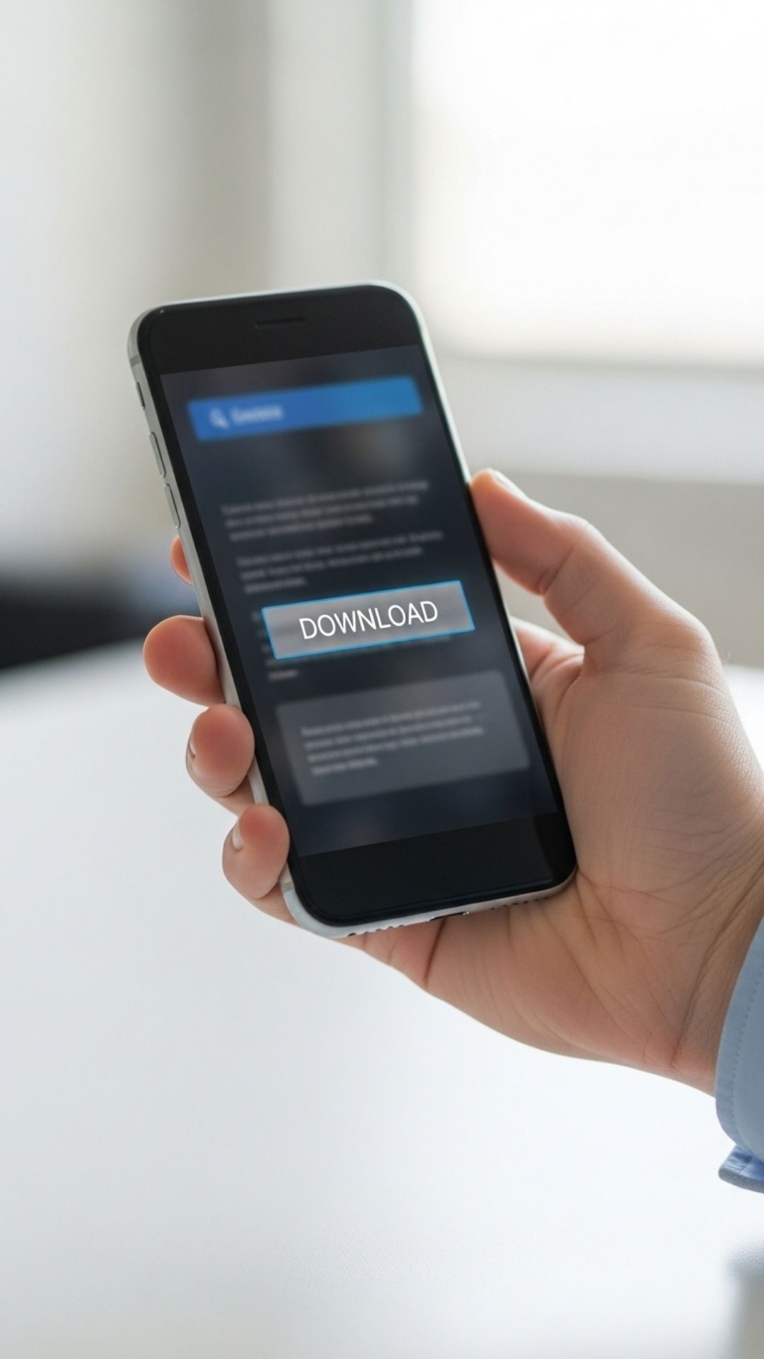 A realistic photo of a hand tapping a 'Download' button on a smartphone screen, illustrating the action of downloading an image