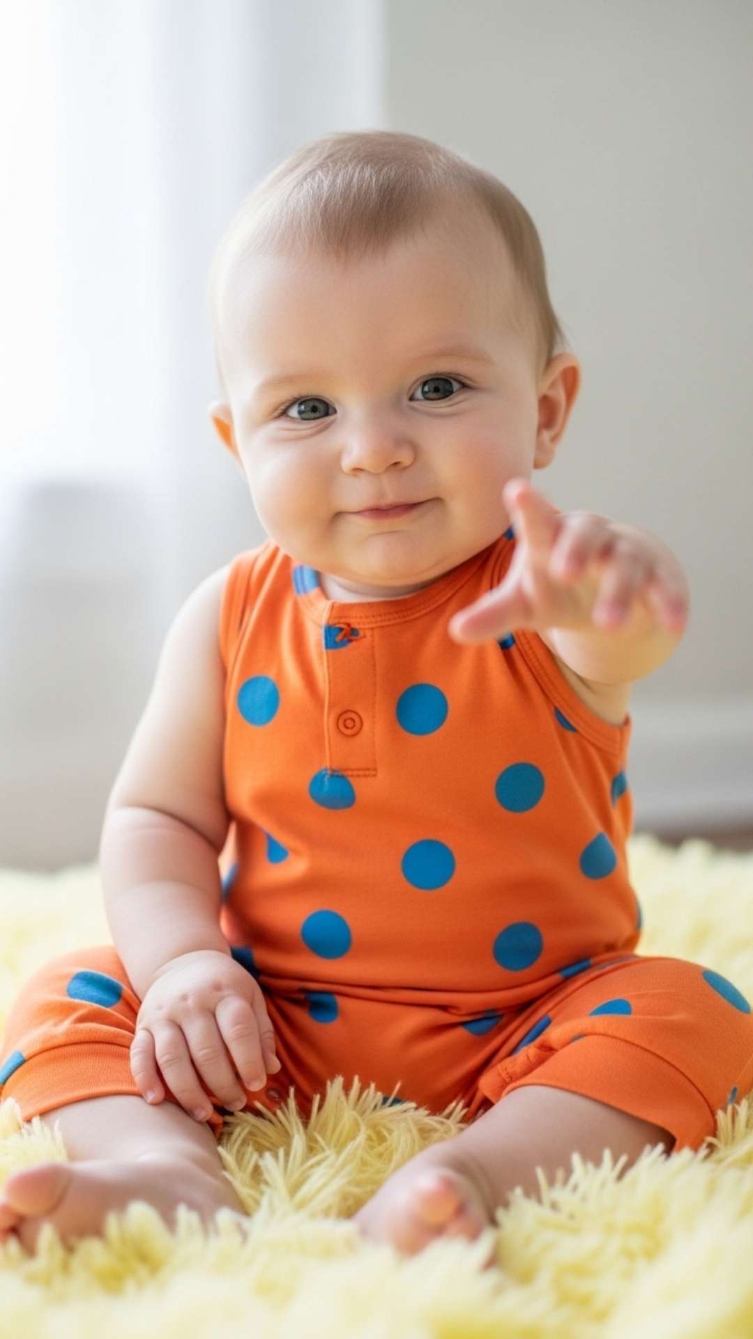 A candid photo of a curious baby boy with a playful expression, full of energy