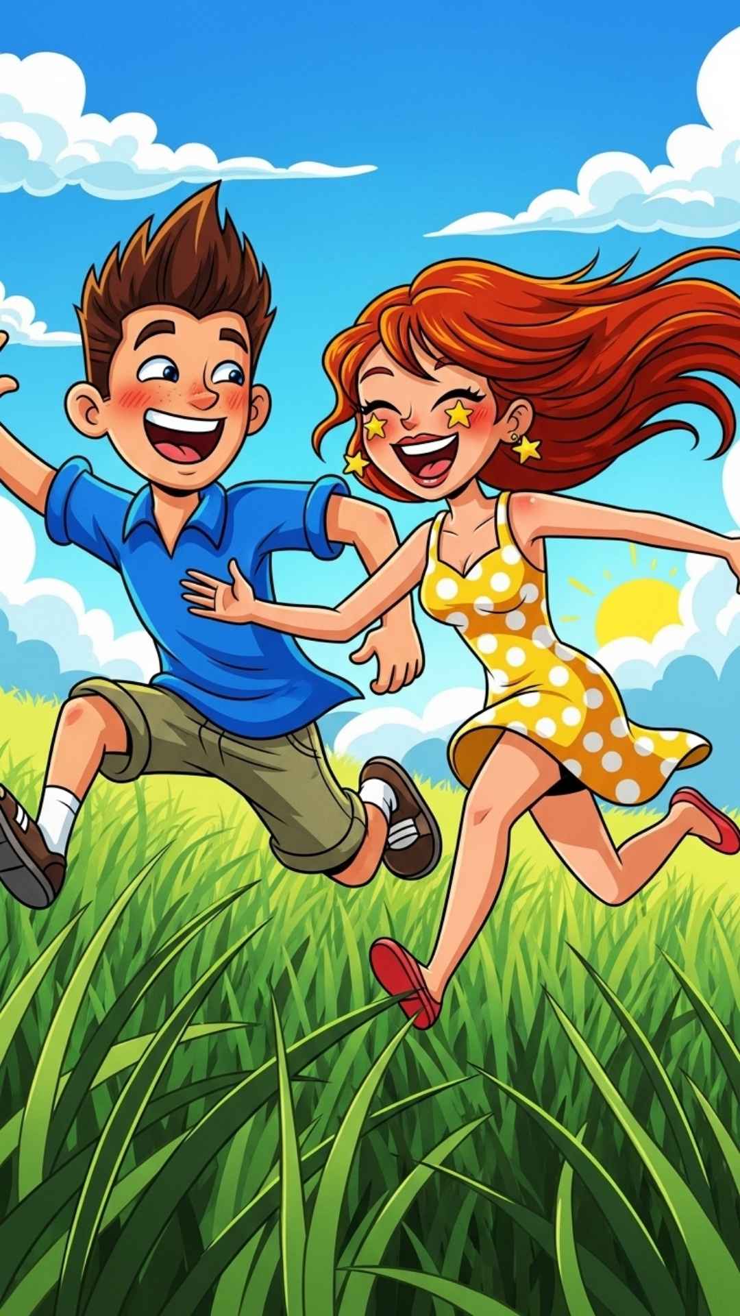 A vibrant, joyful illustration of a cartoon couple running and laughing in a field of tall grass.