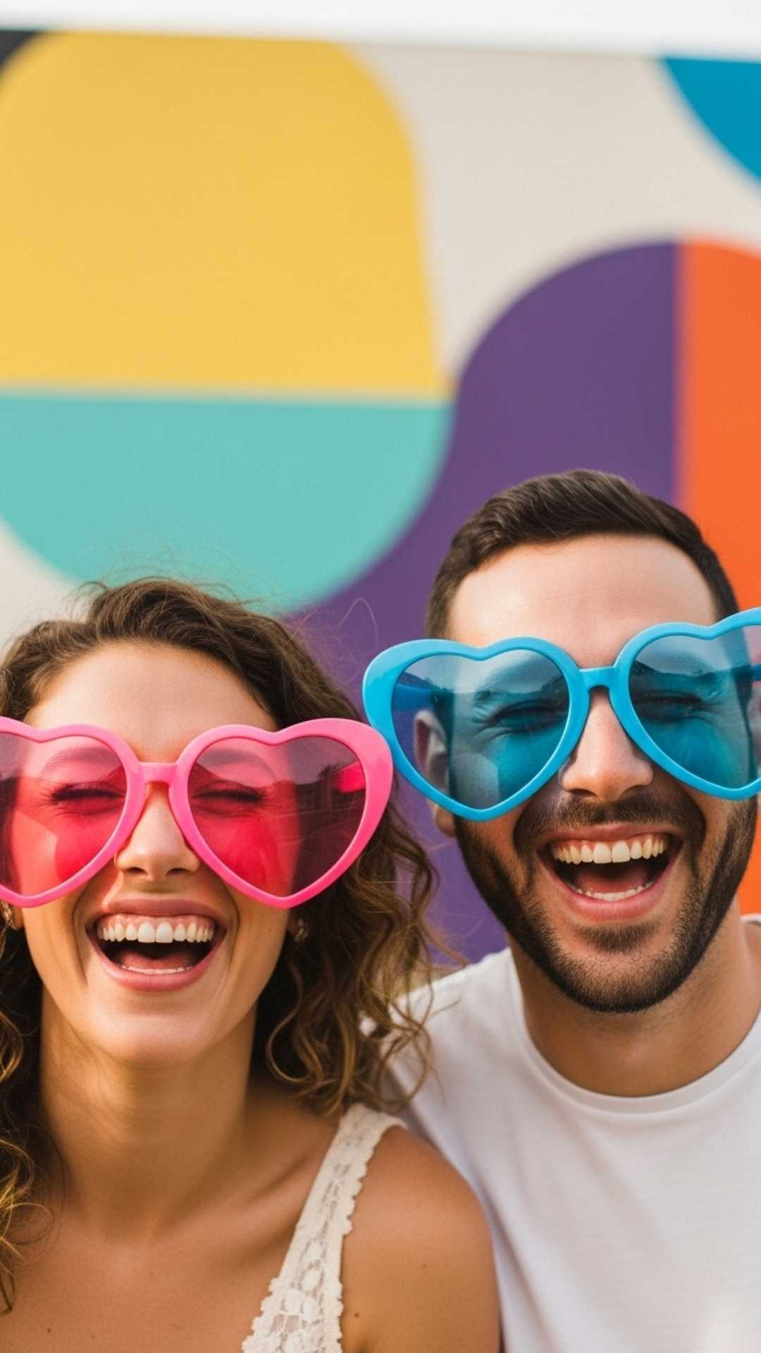 A cute and candid photo of a couple wearing giant heart sunglasses, laughing together with a colorful mural in the background