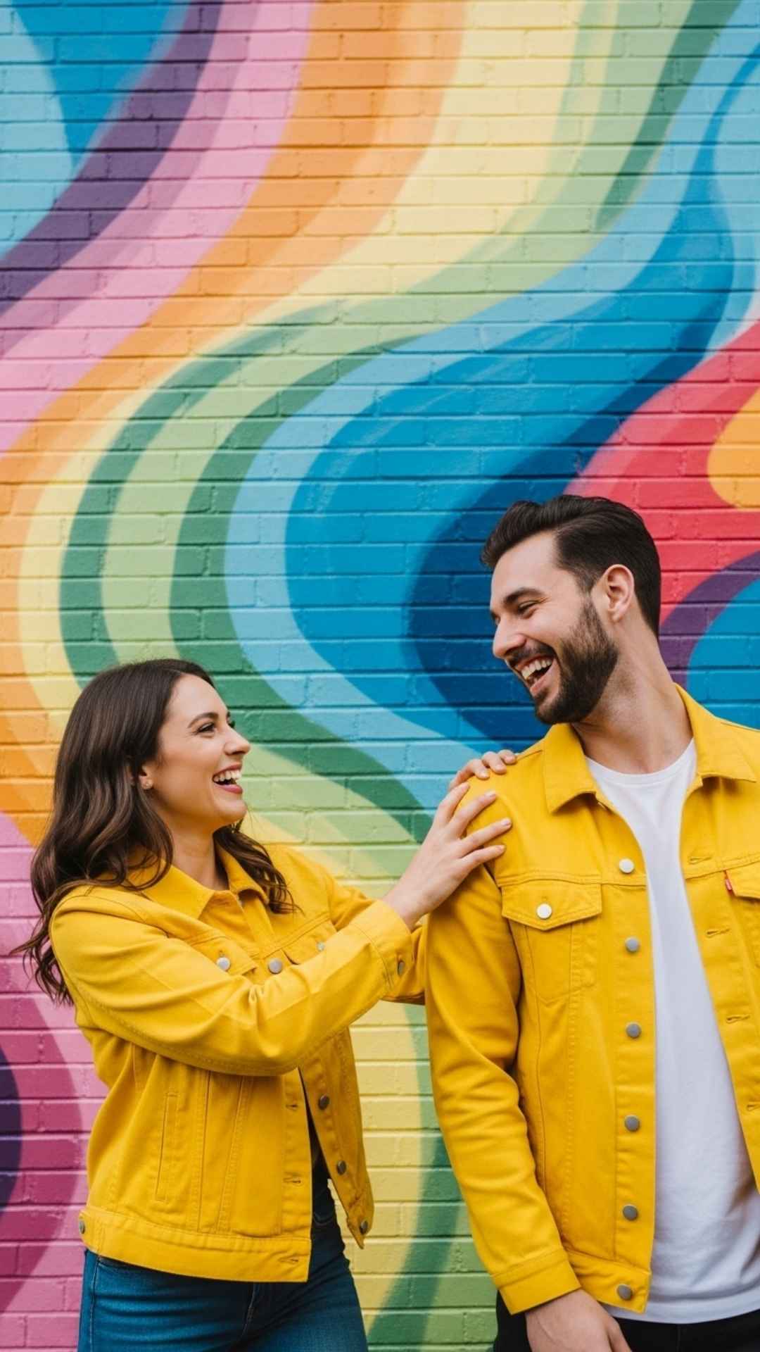 A playful couple in matching yellow jackets laughing in front of a vibrant, multicolored street art mural.