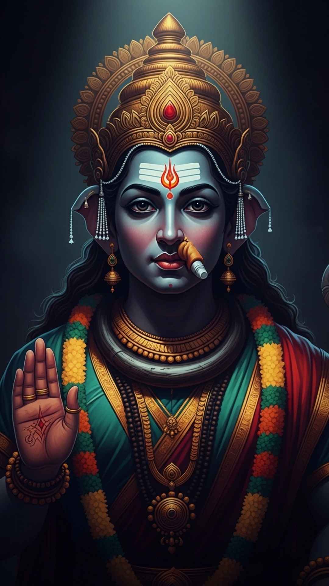 A high-contrast, dramatic portrait of a deity with a powerful and serene expression, featuring traditional attire and vibrant colors