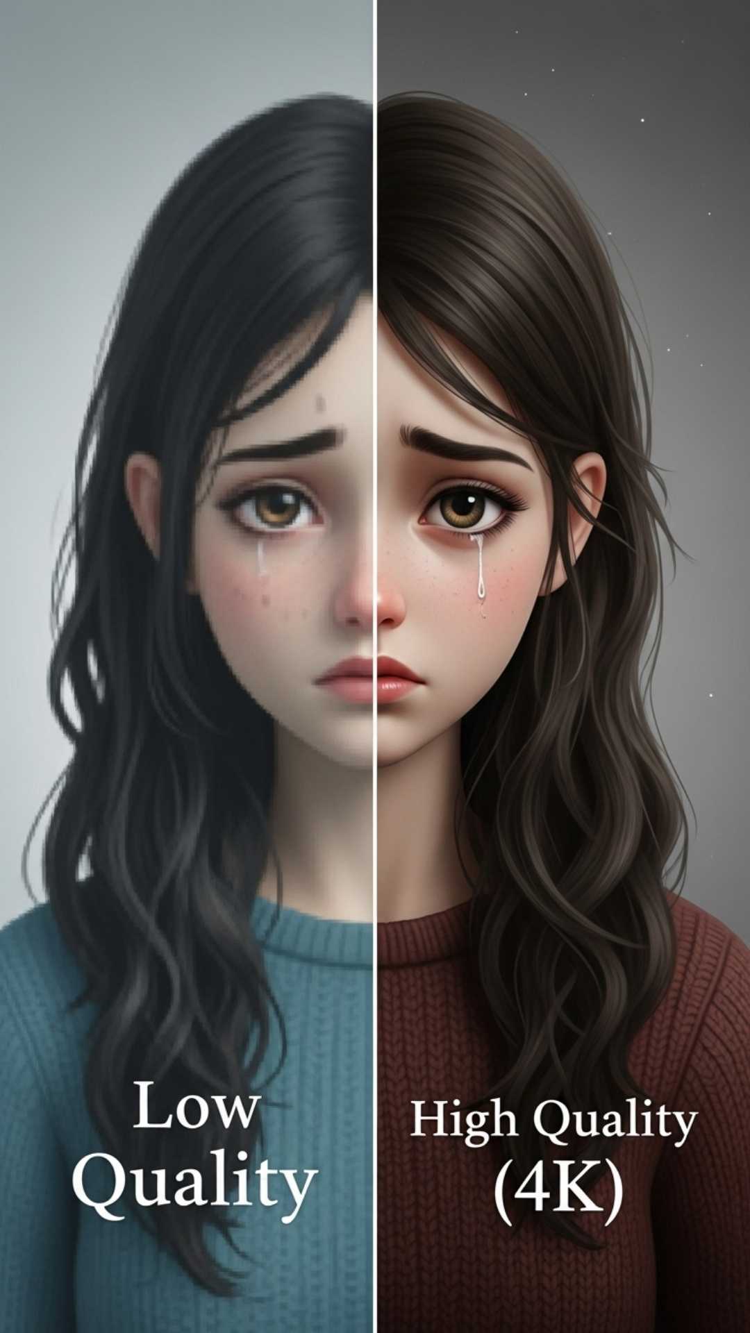 An image split in half, comparing a blurry, low-quality image of a sad girl on the left with a sharp, high-quality 4K version on the right, illustrating the importance of image quality.