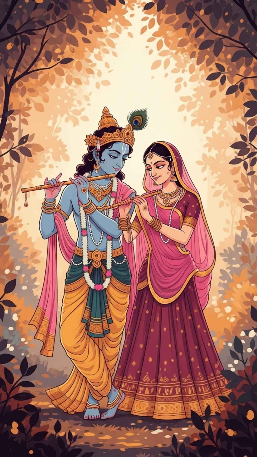 An artistic illustration of Radha and Krishna standing in a golden, ethereal garden, stylized with a warm color palette.