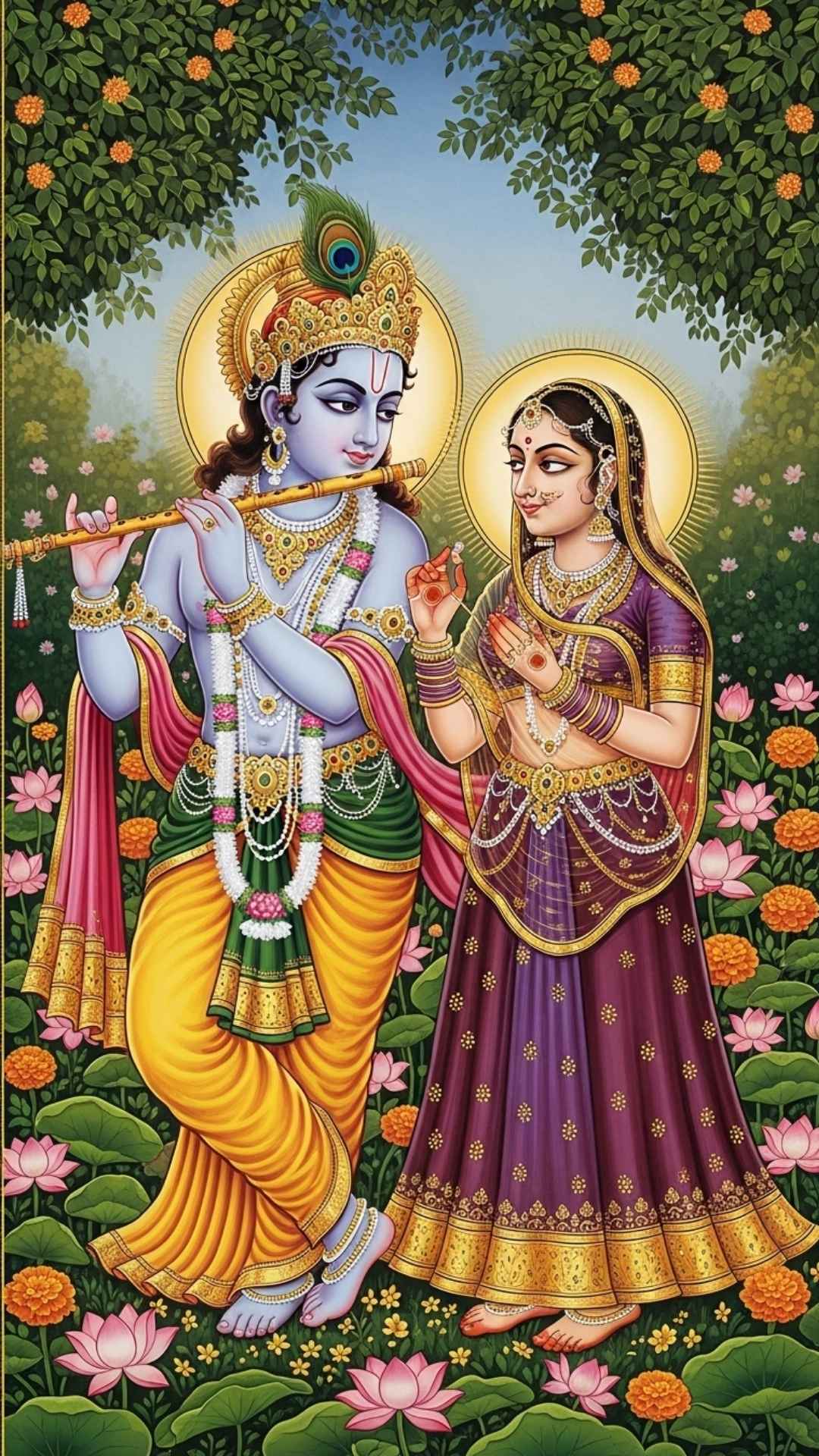 A vibrant 4K illustration of Radha and Krishna in a lotus garden, representing divine and eternal love