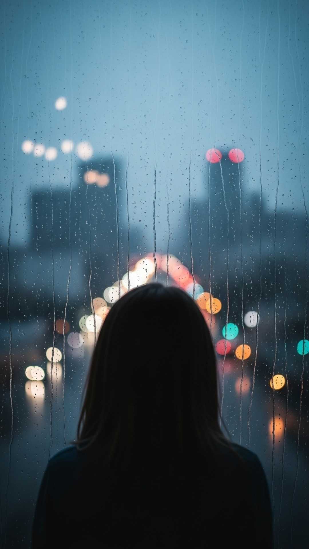 A girl looking out a rainy window from behind, capturing a contemplative and quiet mood.