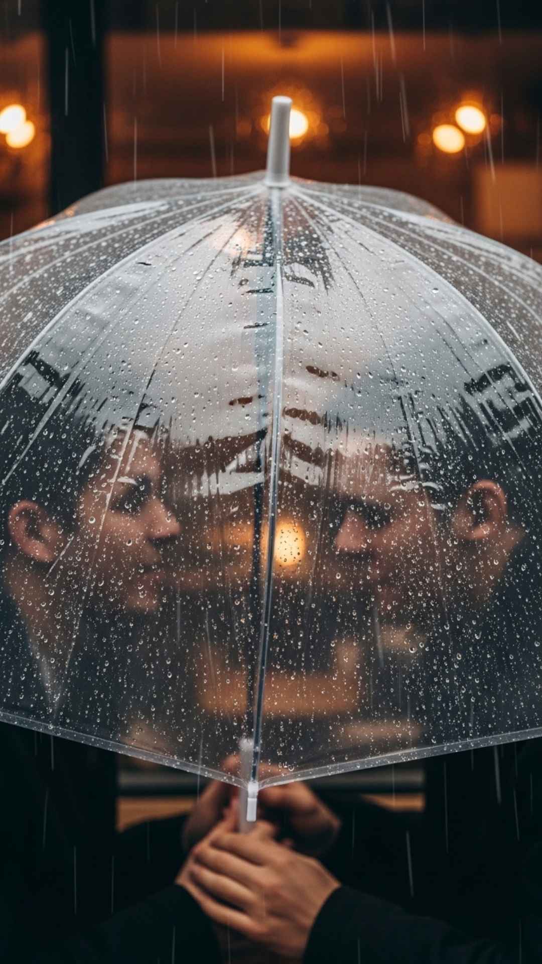 An artistic photo of a couple sharing a clear umbrella on a rainy day, with the focus on their hands and the view from inside.