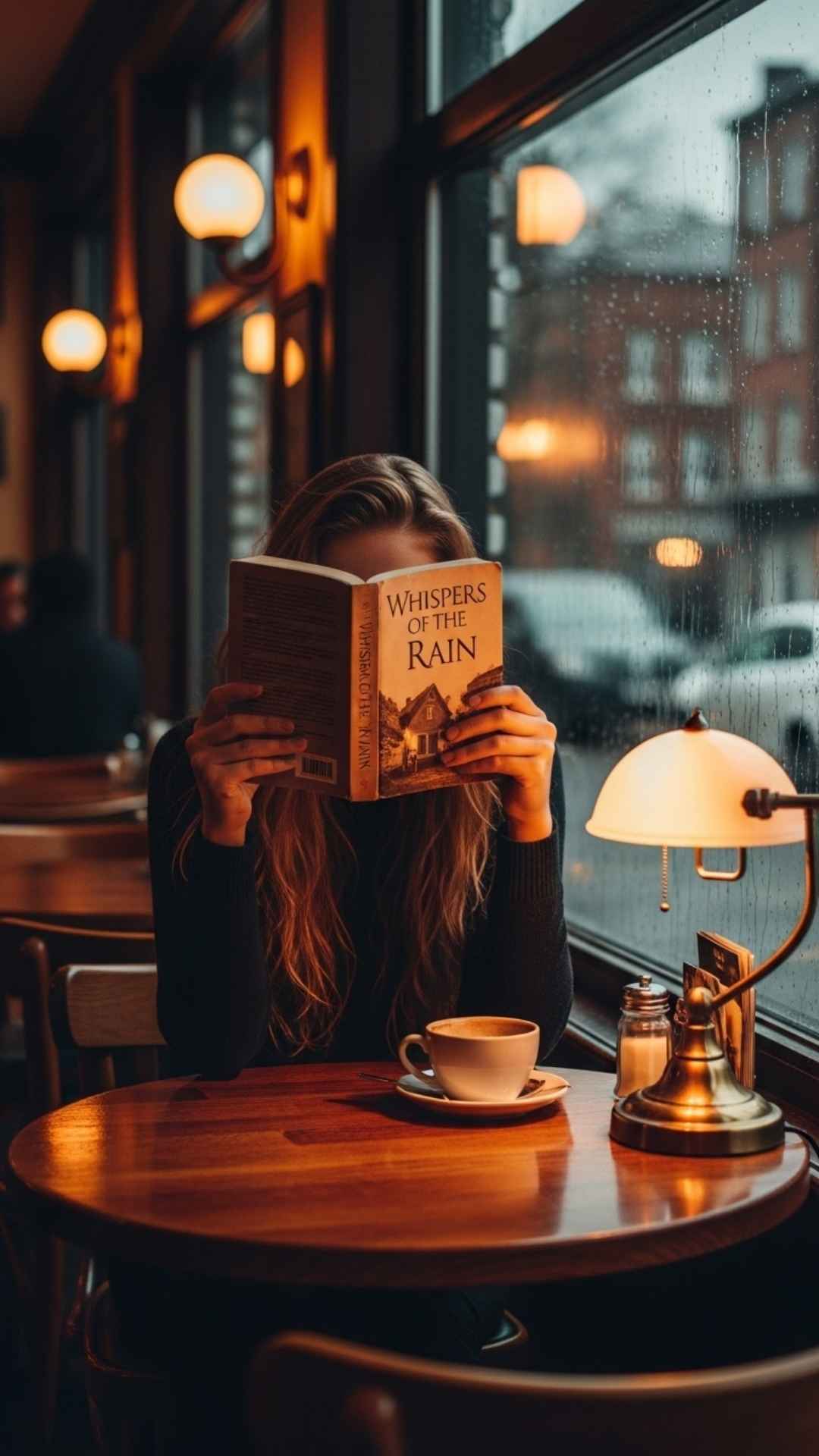 A girl reading a book in a cafe on a rainy day, with her face hidden, creating a mysterious atmosphere