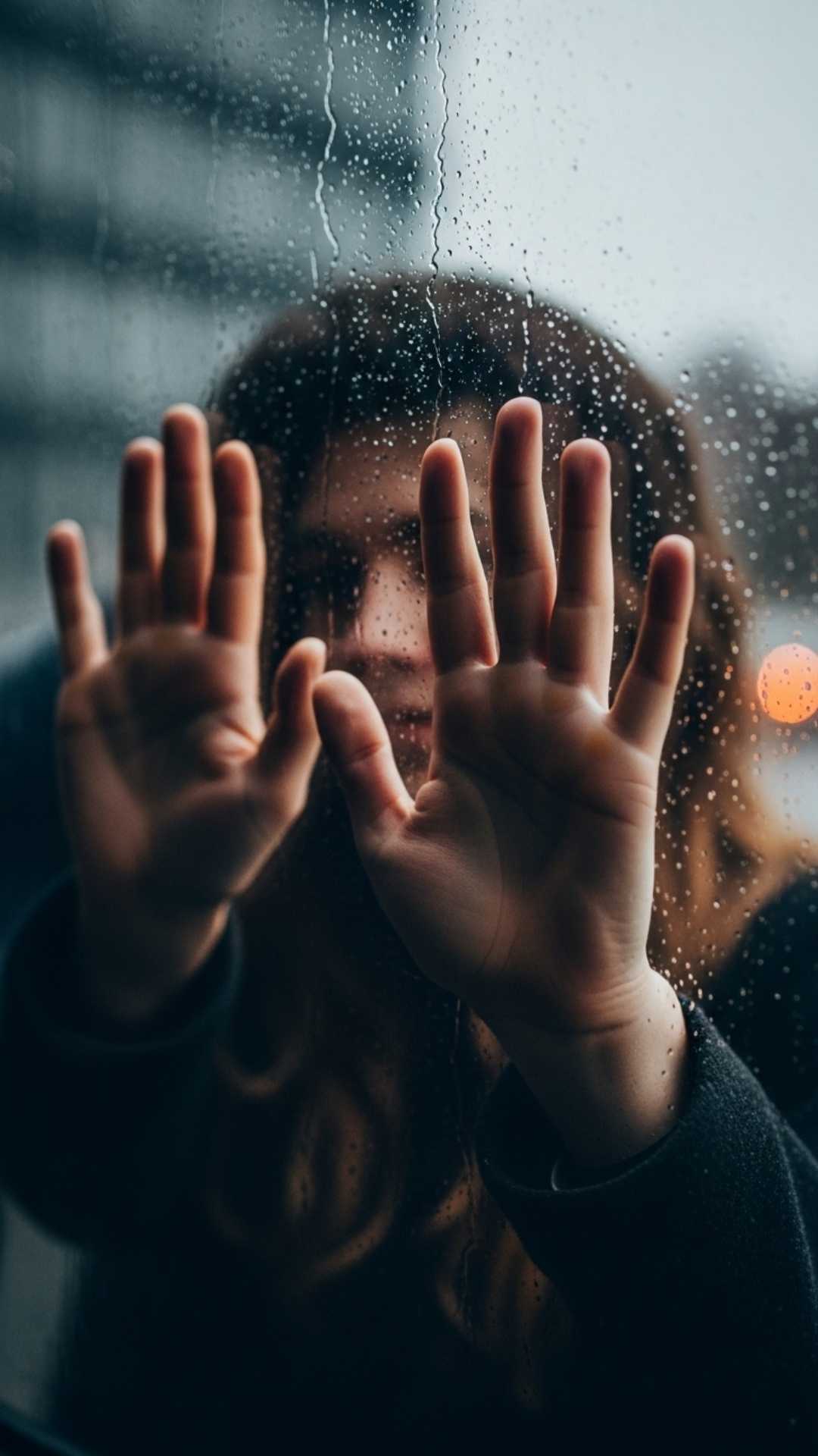 A close-up of a couple's hands touching from the inside of a rainy window, with blurred city lights in the background.