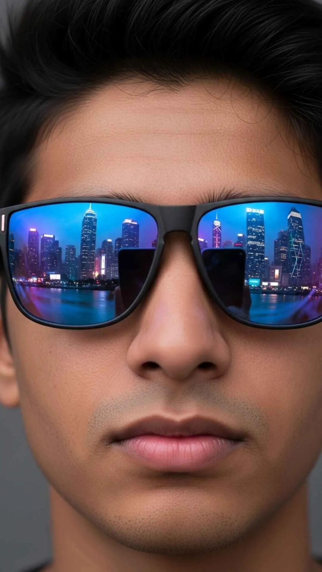Close-up of stylish sunglasses on a young man, reflecting a vibrant city, ideal for an attitude Instagram DP for boys.