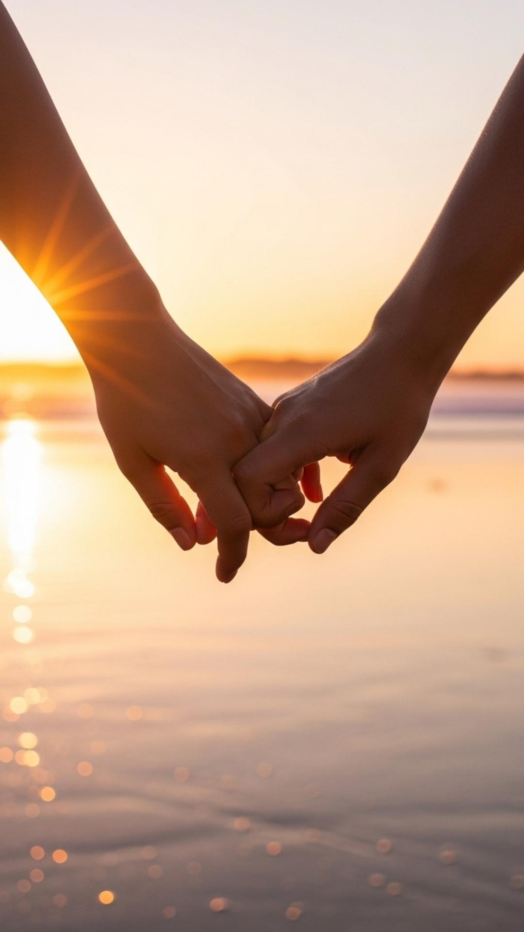 A close-up of a couple's hands intertwined at sunset, with warm light and a soft-focus beach background