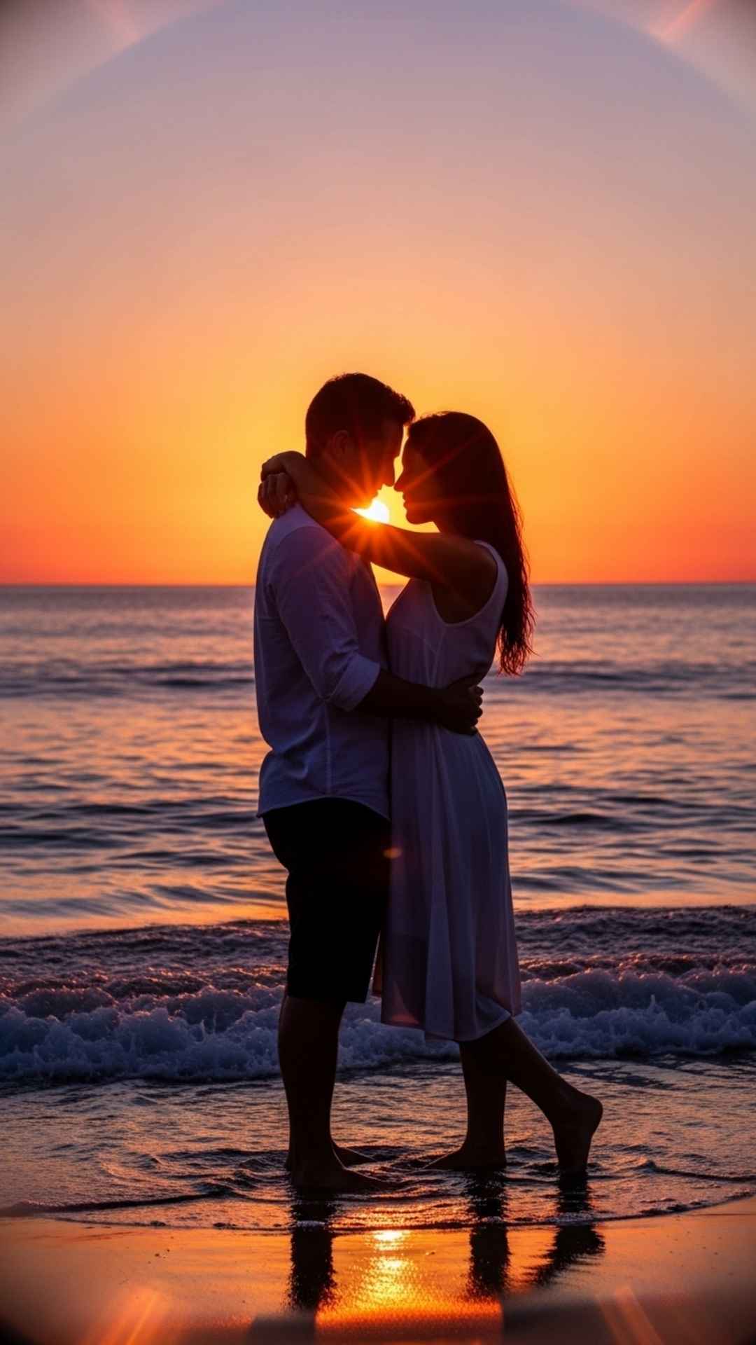 A couple embracing on a beach at sunset, with a golden light backlighting their silhouettes, symbolizing a timeless romantic connection