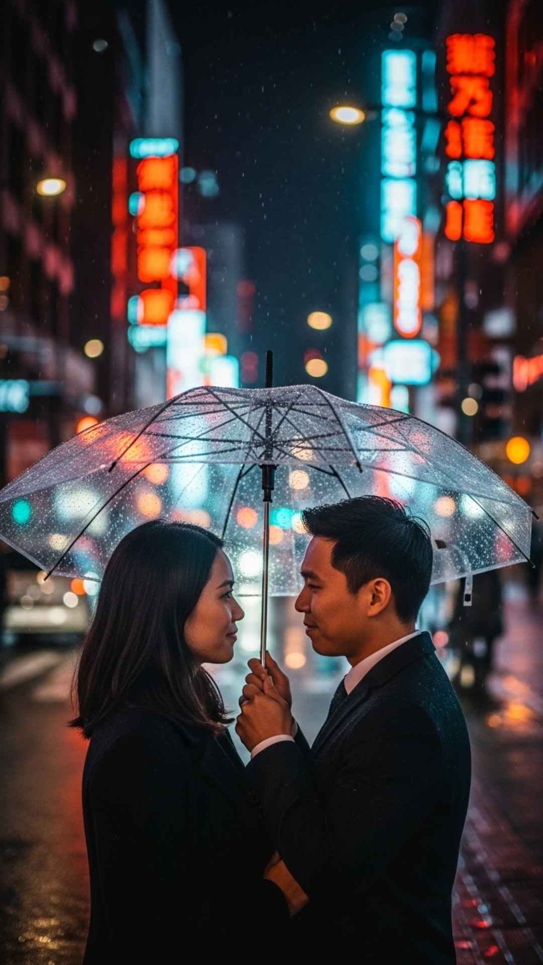 A couple sharing an umbrella on a rainy city street at night, with blurred neon lights in the background, conveying a modern and passionate romance.