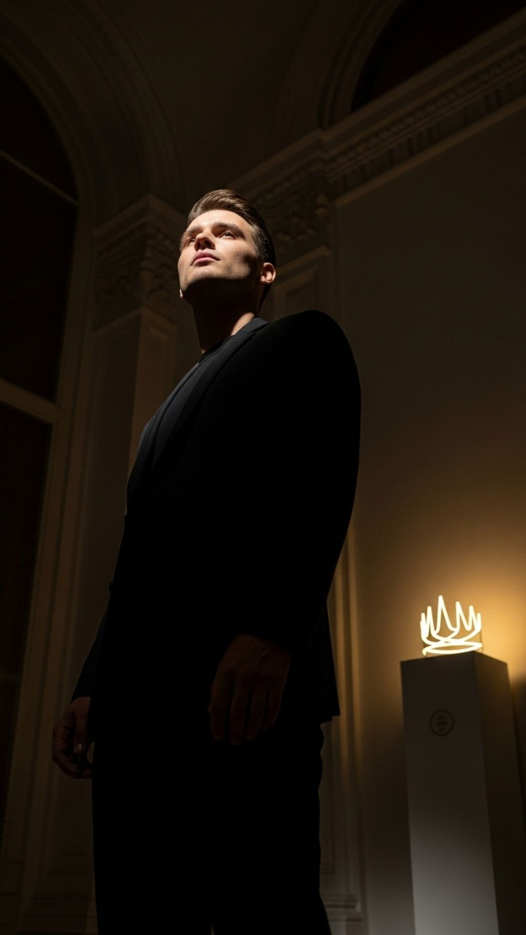 A man in a modern black suit with a powerful, authoritative presence in a grand, dimly lit room, embodying a royal attitude