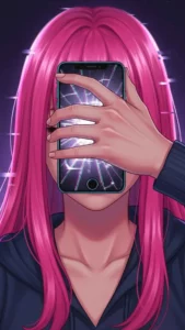 An anime character hiding their face with a broken phone, a unique sad DP about feeling disconnected.