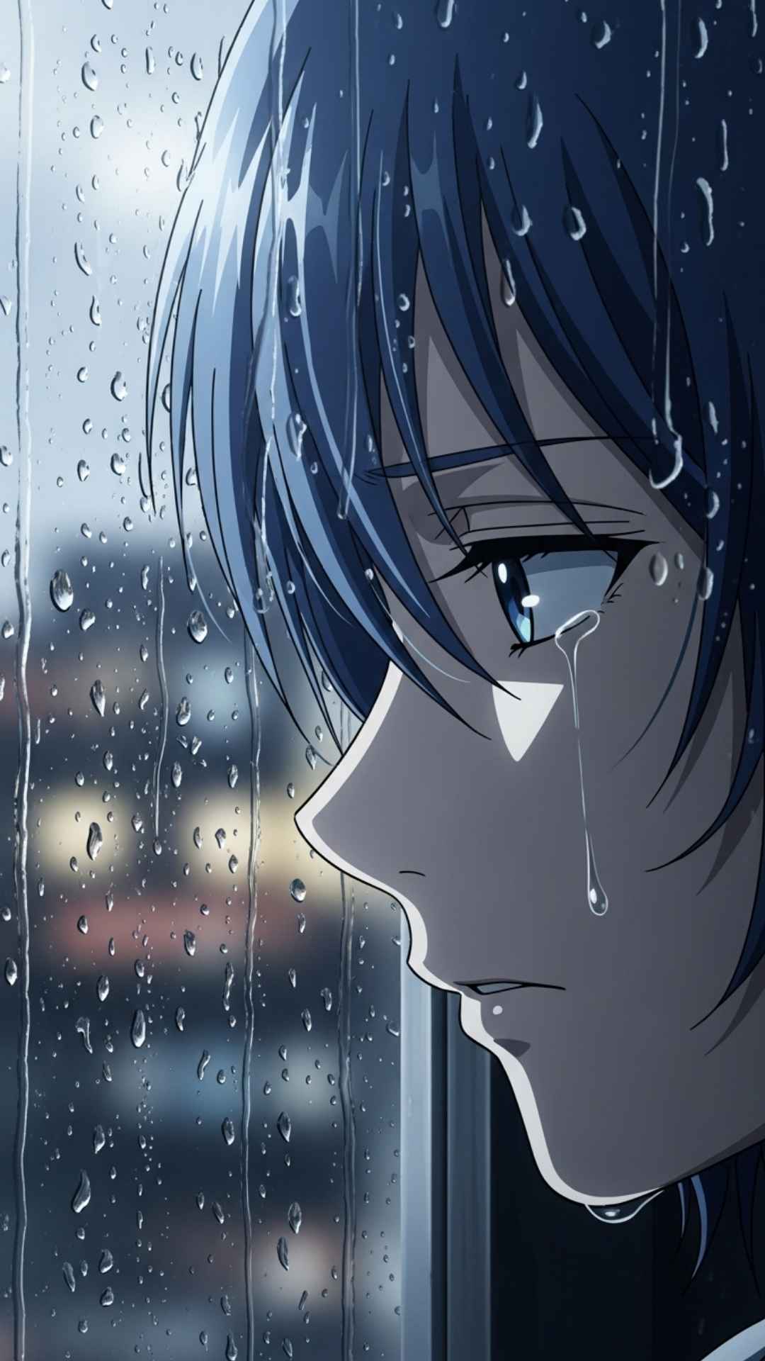 An anime DP showing a character with a sad expression looking out a rainy window