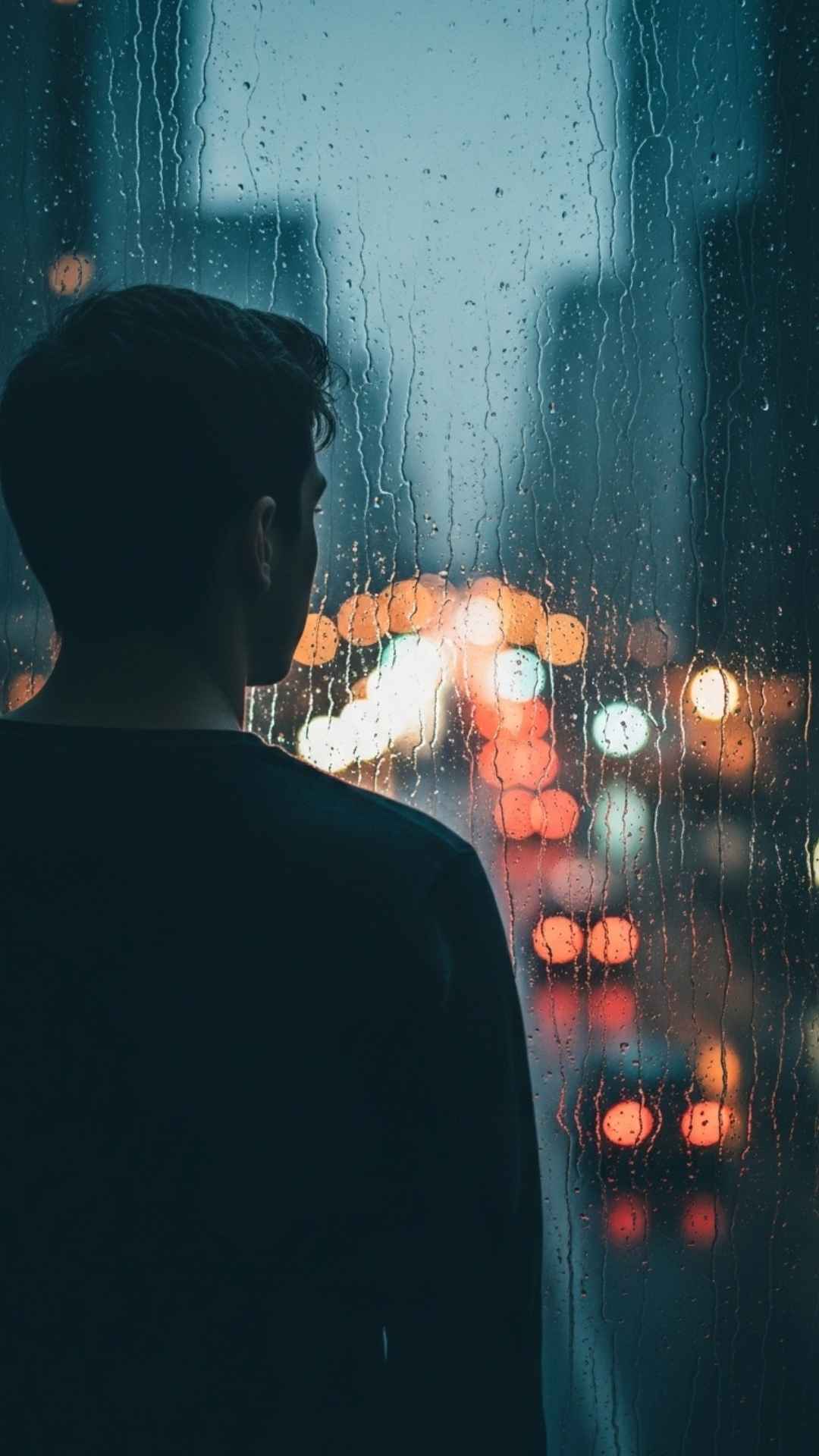 A young man stands looking out a window covered in streaks of rain, with the city lights blurred in the background. The scene has a soft, cinematic feel with muted, dark tones.