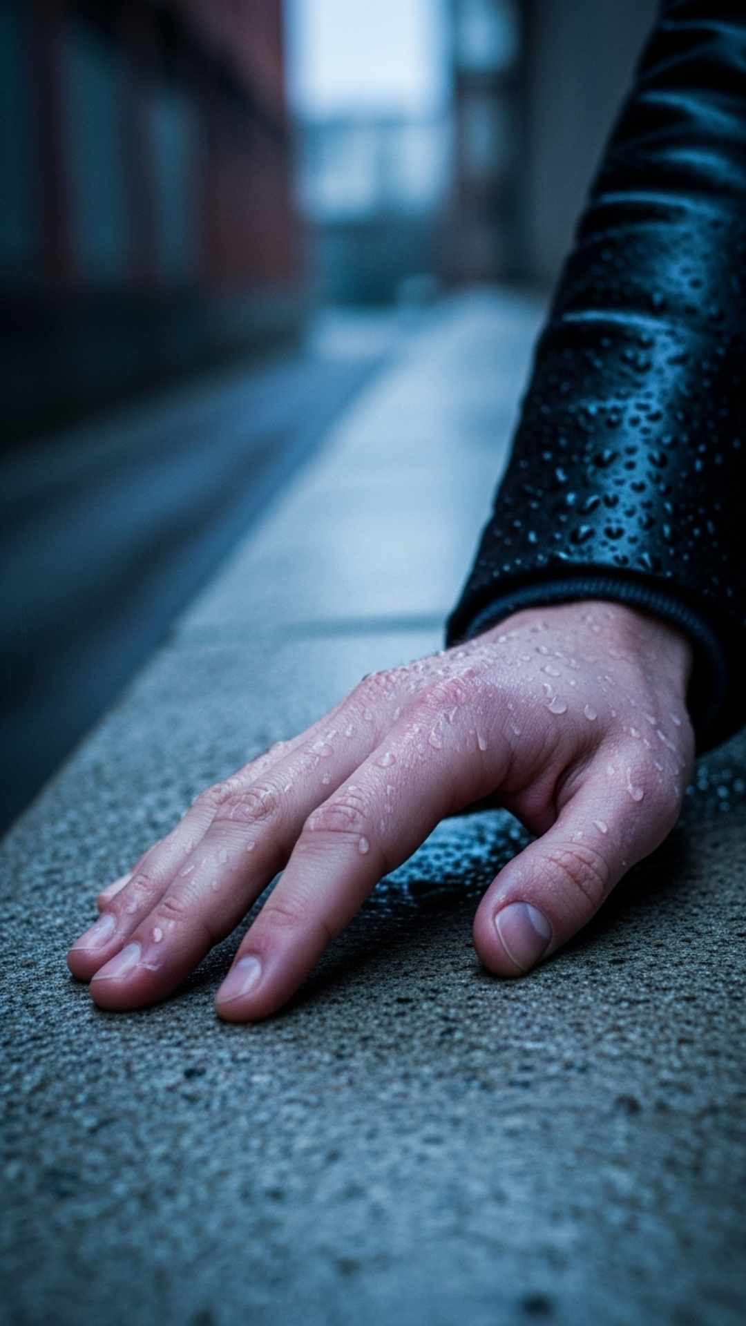 A close-up, macro shot of a boy's hand resting on a wet concrete surface. The image conveys a feeling of deep thought and sadness in an urban setting