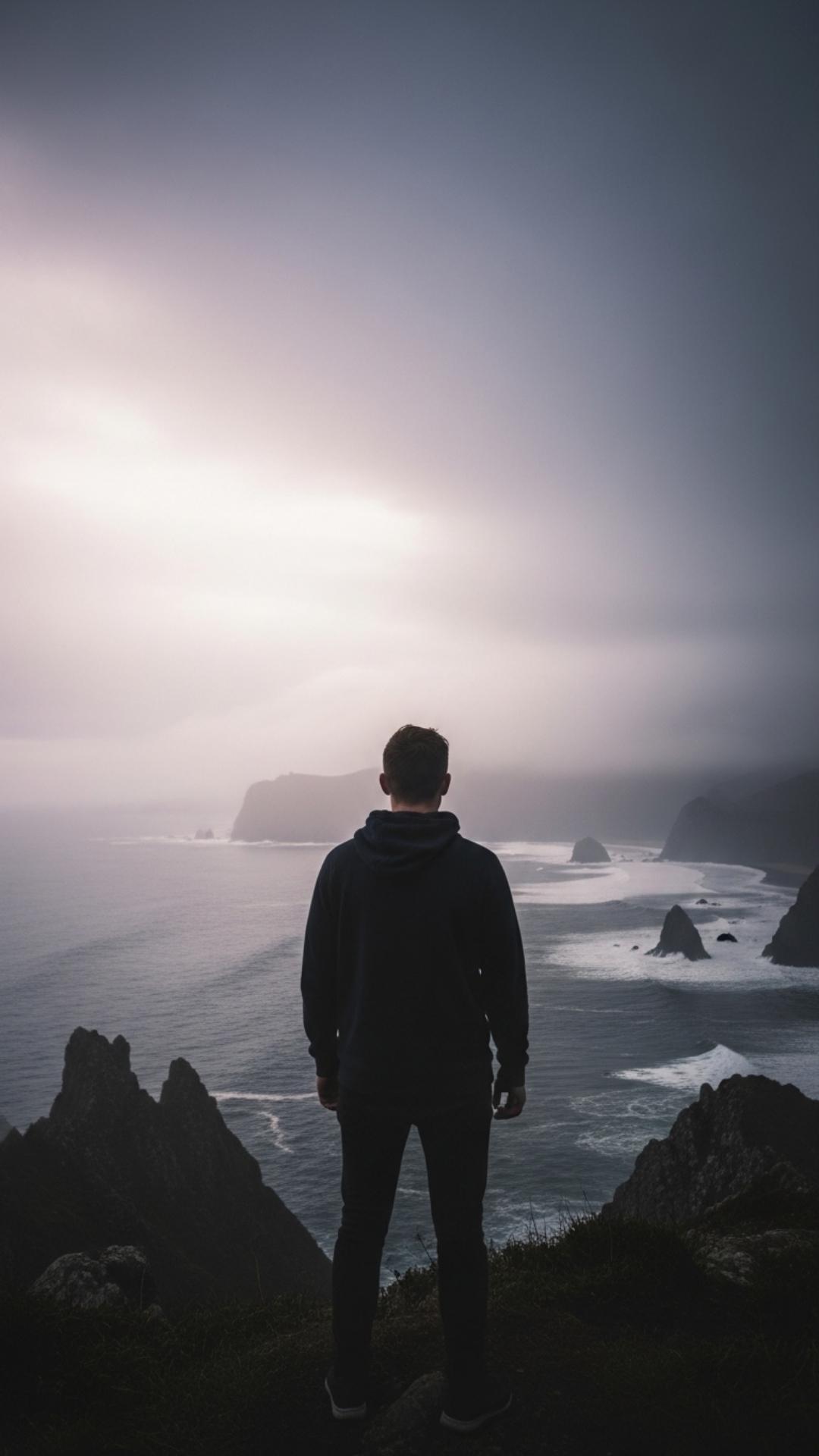 A young man stands on a misty clifftop, looking at the vast ocean. His back is to the camera, creating a silhouette that emphasizes a sense of solitude and strength