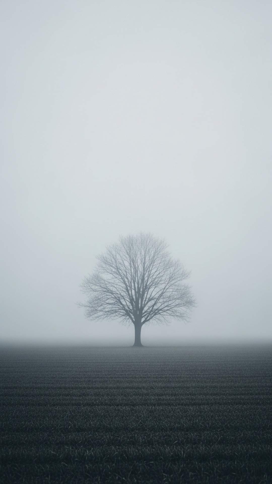A single, bare tree standing alone in a misty, foggy field, conveying a feeling of solitude and introspection.