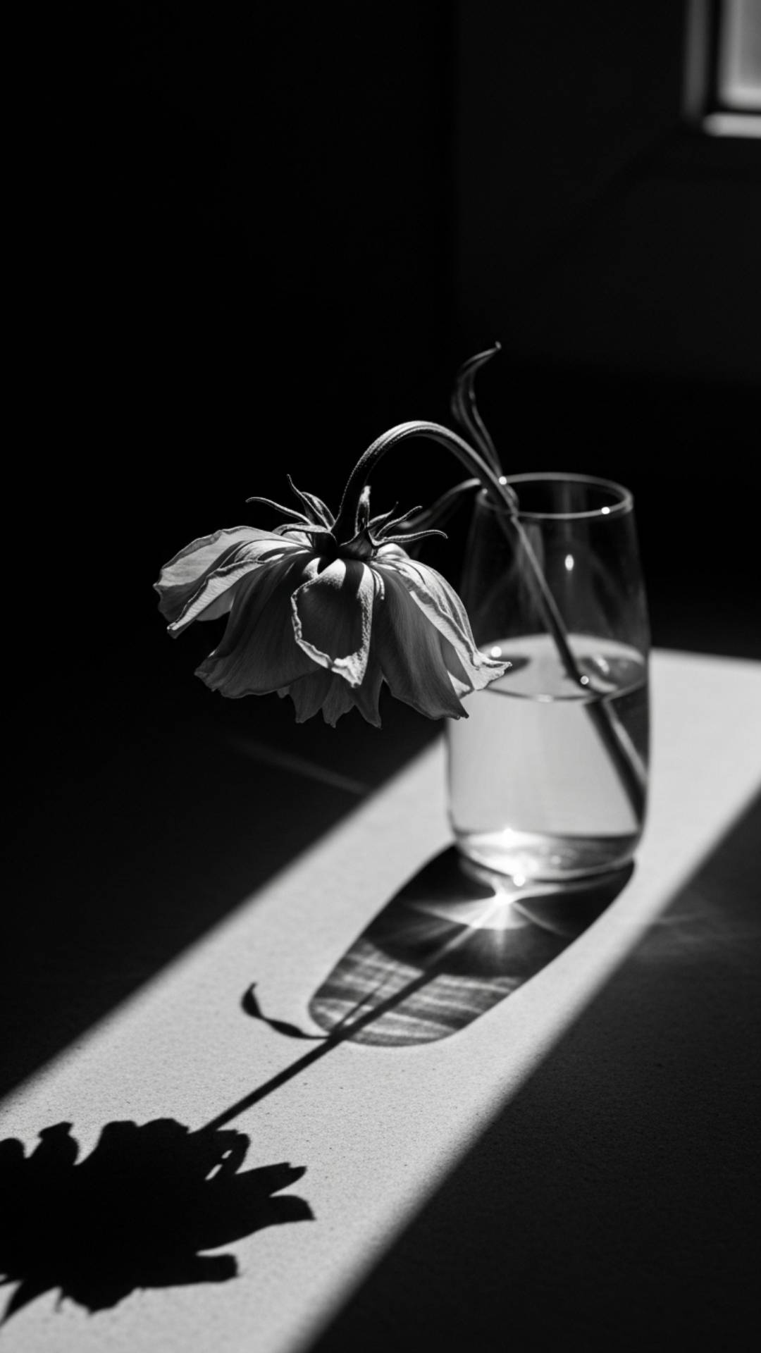 A high-contrast, black and white still life of a single, wilting flower in a simple vase with dramatic lighting