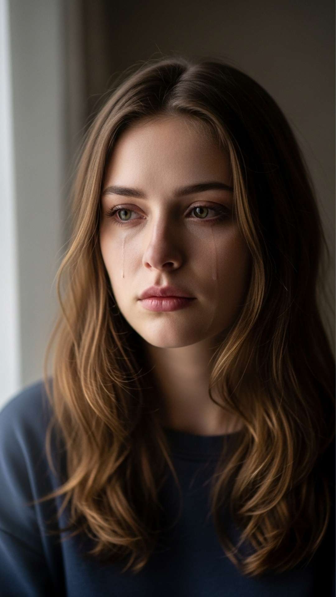 A cinematic portrait of a young woman with a subtle, melancholic expression and a single tear, lit by soft window light, representing quiet sadness