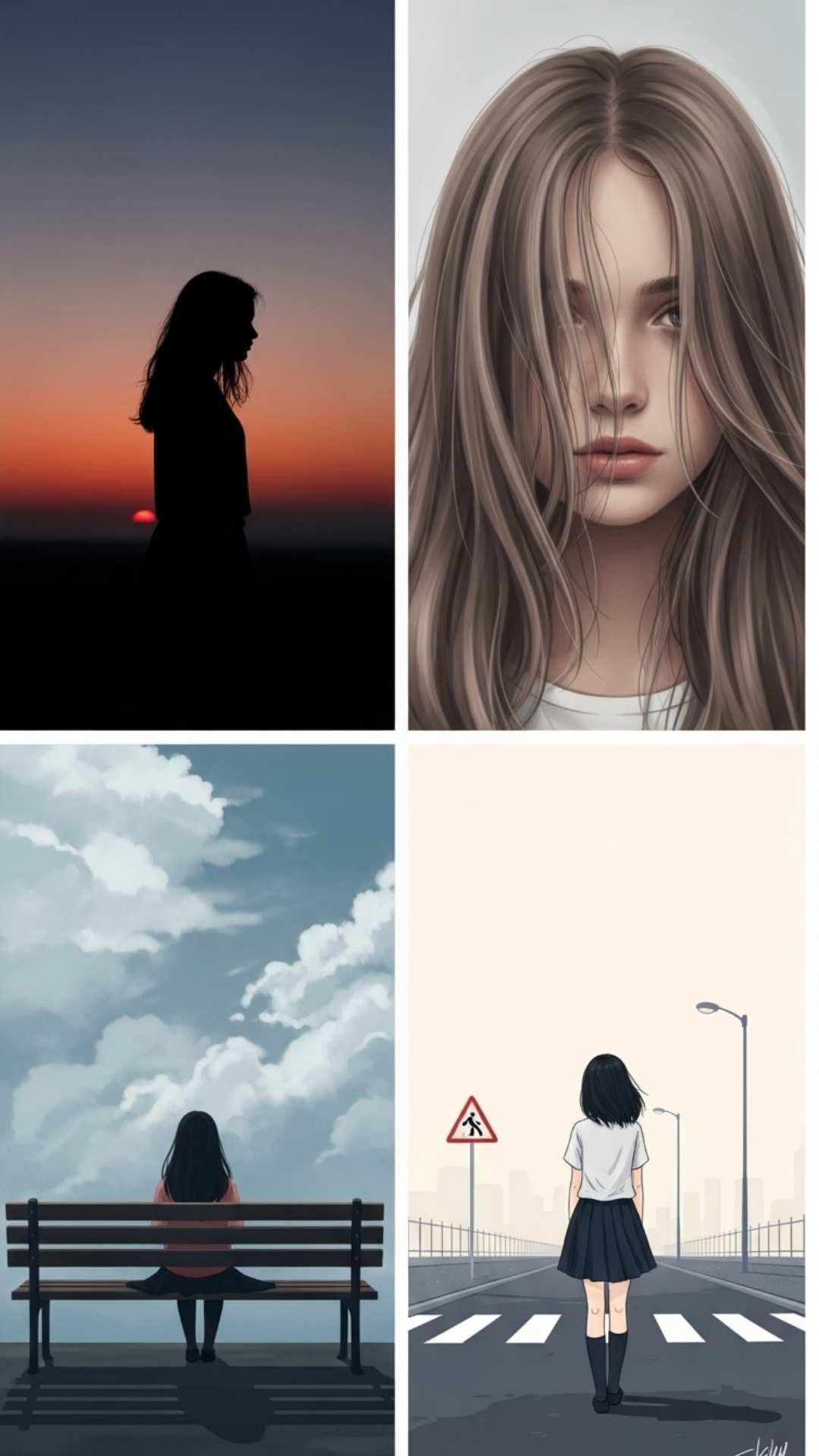 A collage of four images showing different artistic interpretations of a sad and lonely girl, including a silhouette, a hidden face, a girl on a bench, and a minimalist back shot.
