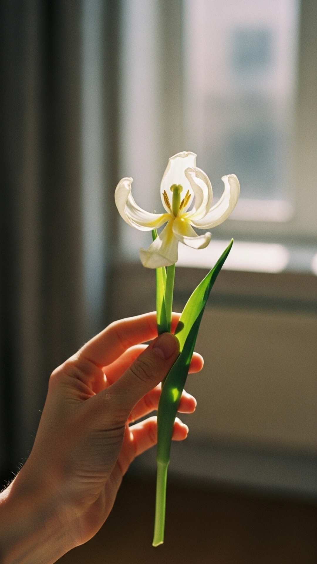A close-up, artistic photograph of a hand gently holding a wilting white tulip. The image uses soft lighting and a vintage tone to symbolize fragility and sadness.