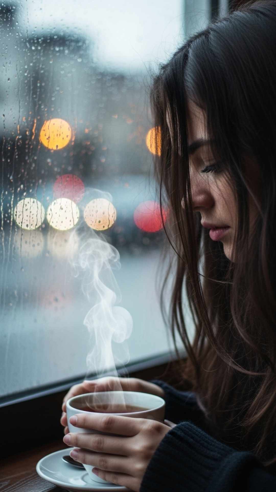 A girl's face is partially hidden by her long hair as she looks down at a steaming cup of tea in a cafe on a rainy day, conveying a sense of private solitude.