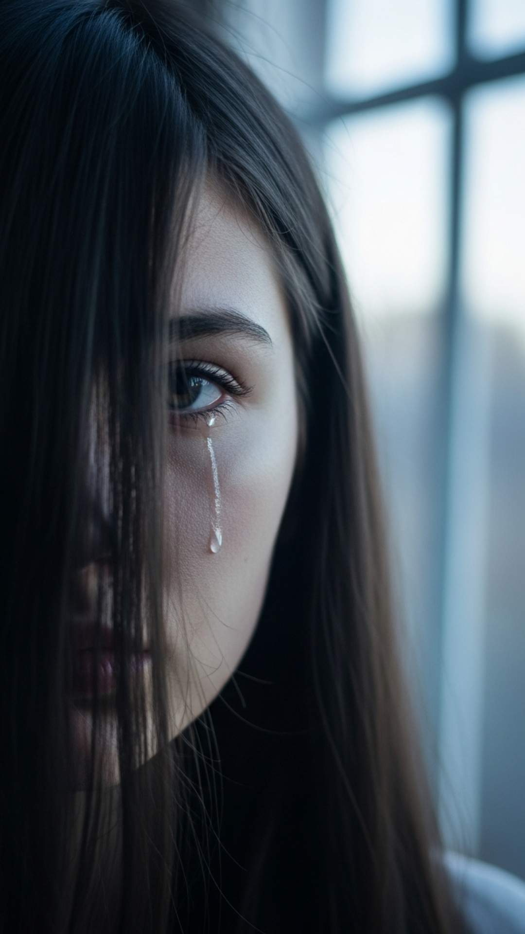 A close-up portrait of a young woman with her face partially hidden by her dark hair. A single tear is visible on her cheek, conveying sadness and vulnerability with a sense of privacy