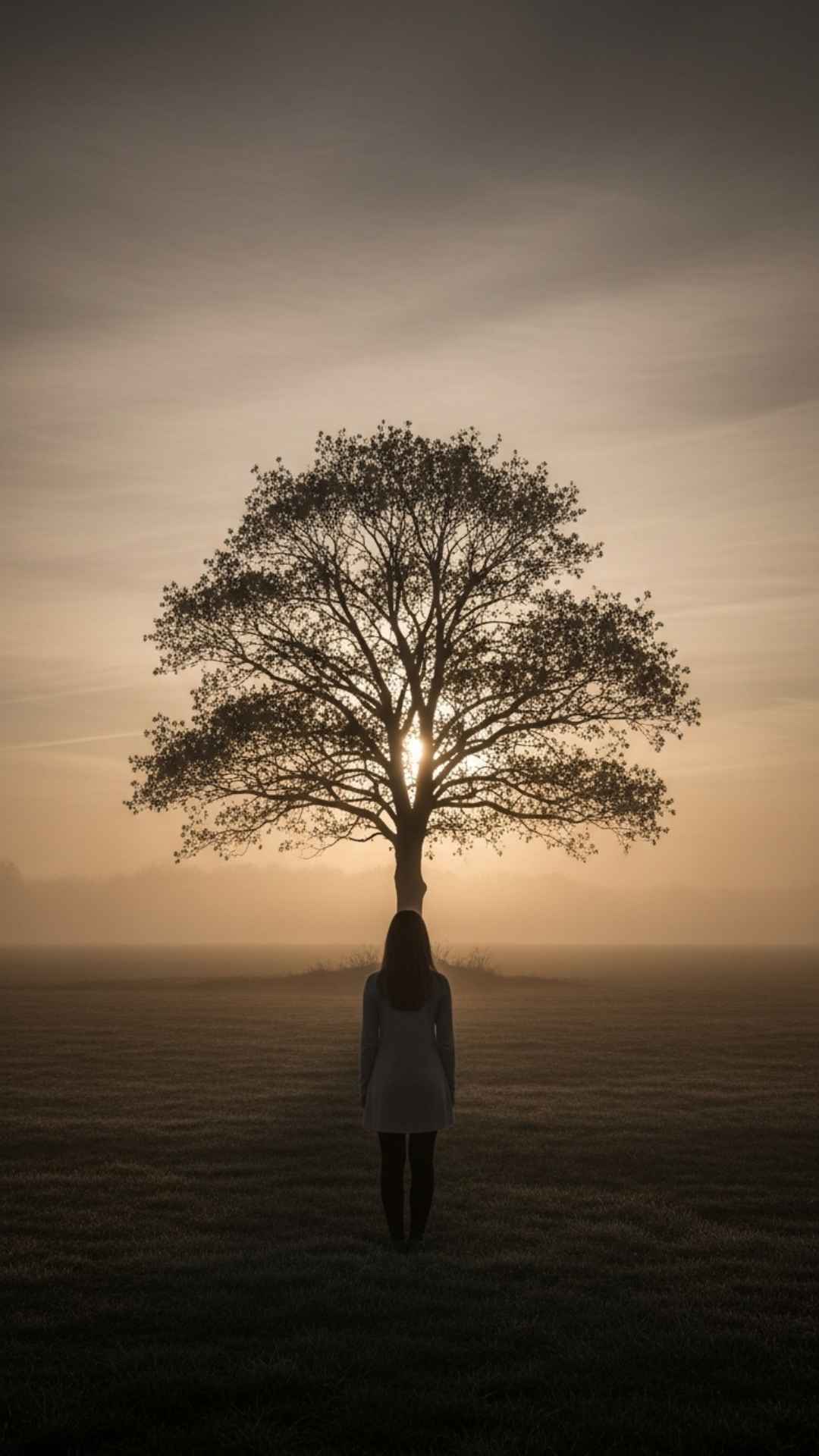 A lone girl and a solitary bare tree are silhouetted against a misty, sepia-toned sunset in a vast field, symbolizing profound isolation and quiet melancholy