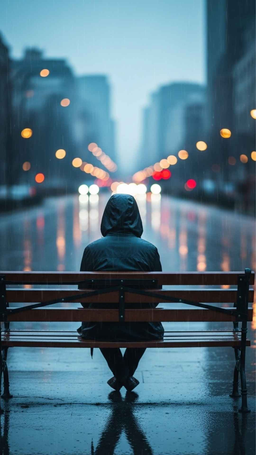 A moody photo of a person sitting alone on a park bench in the rain, with their back to the camera, symbolizing quiet solitude.