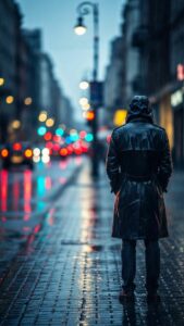 A lone figure stands in the rain, back to the camera, with blurry city lights in the background. The photo has a melancholic, cinematic feel with cool tones