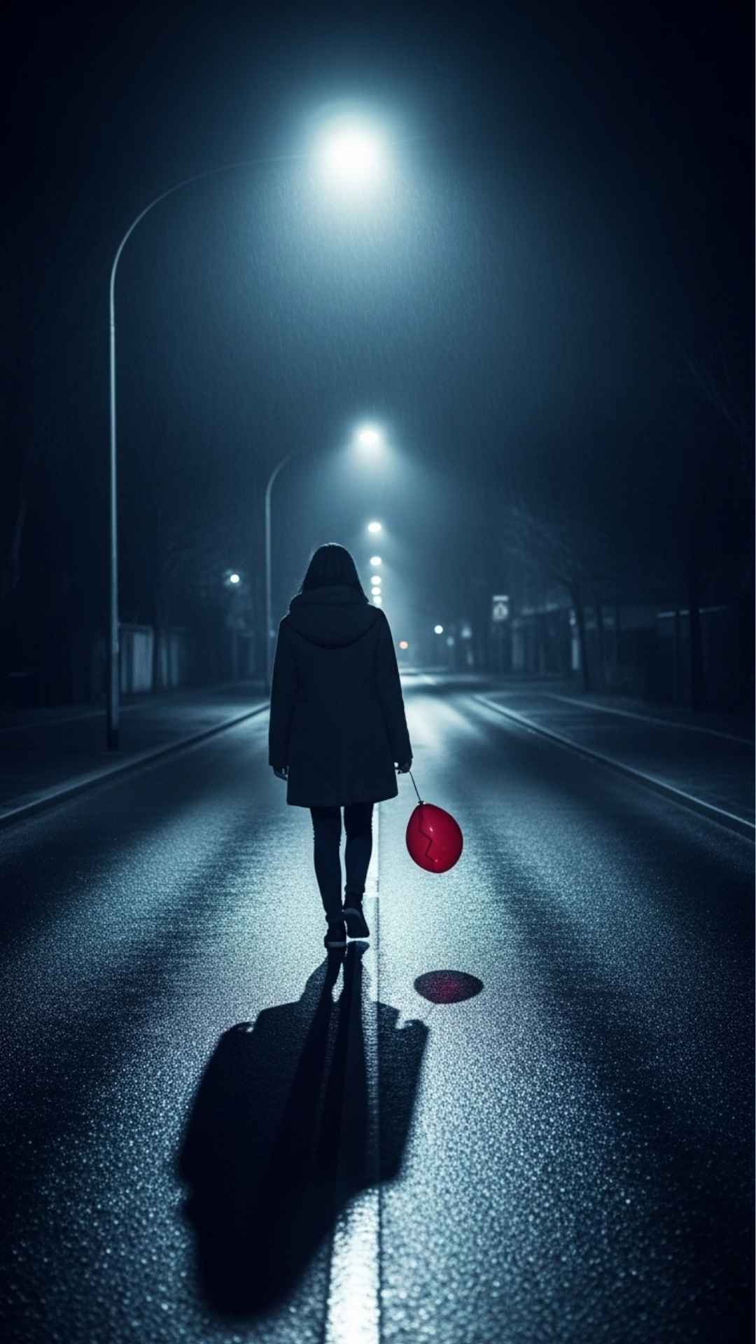 A solitary person walking down a deserted street at night, holding a deflated red balloon, conveying a feeling of sadness and a broken heart