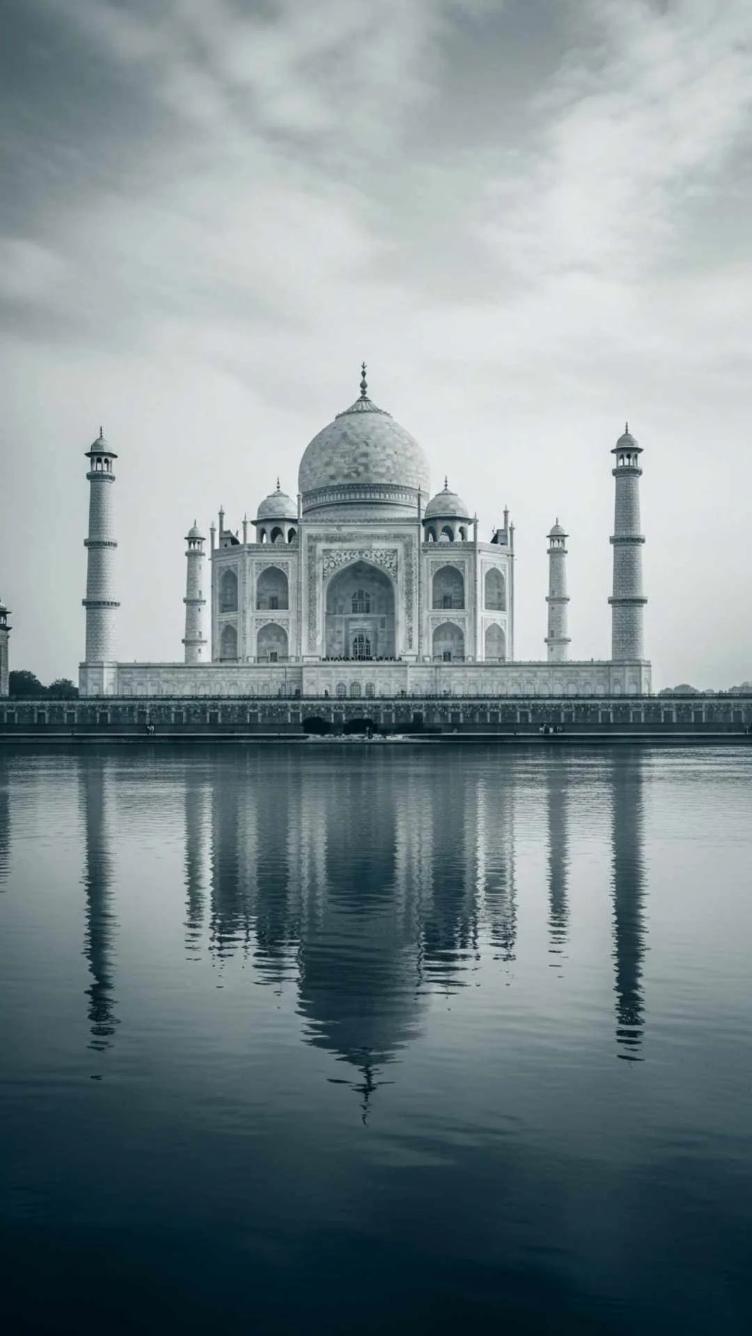 Desaturated Taj Mahal DP, iconic monument, melancholic Indian landmark, pale overcast sky, sad historical aesthetic.