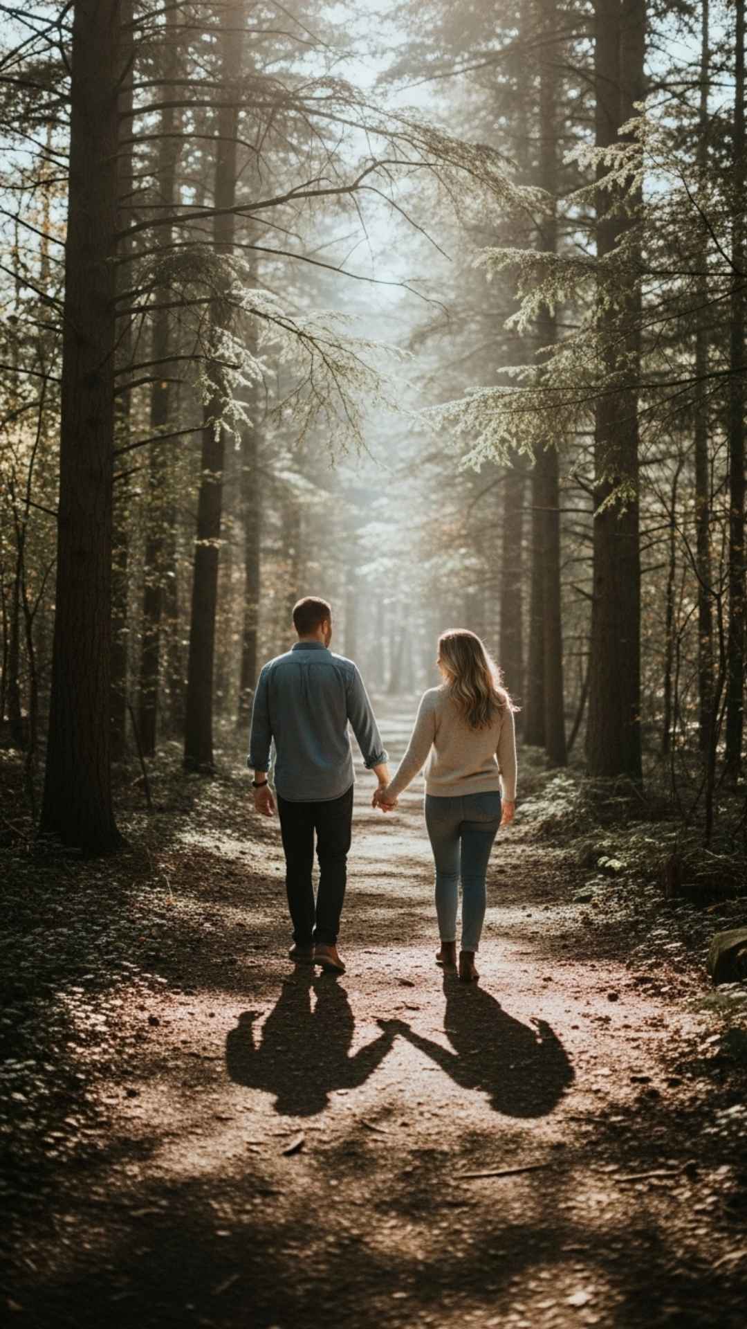 A couple is walking hand-in-hand down a sun-drenched forest path, with their backs turned to the camera, creating a private and intimate mood
