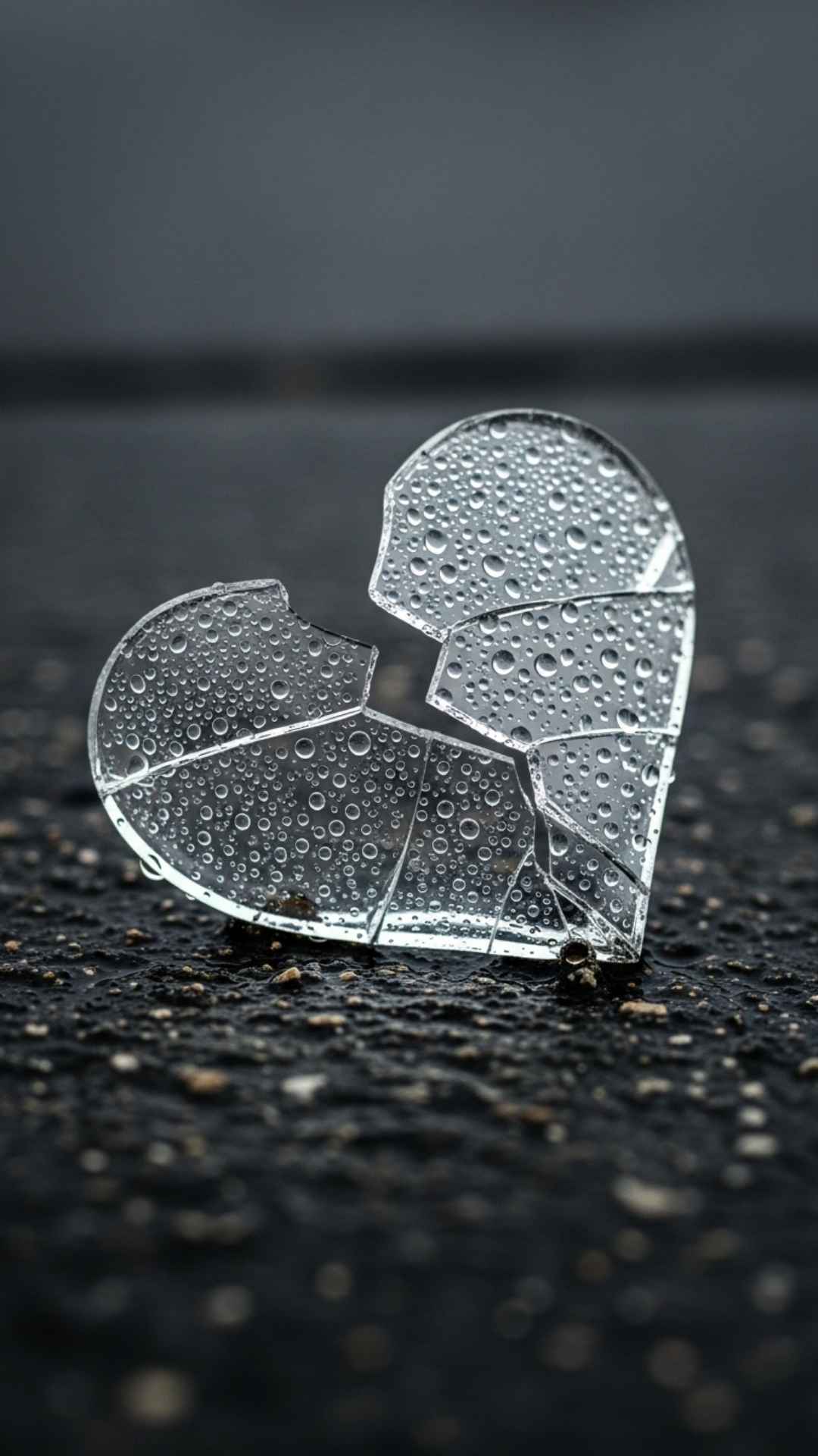A macro photo of a shattered glass heart lying on a wet, dark pavement. Raindrops on the glass pieces reflect a broken and fragile state of emotion
