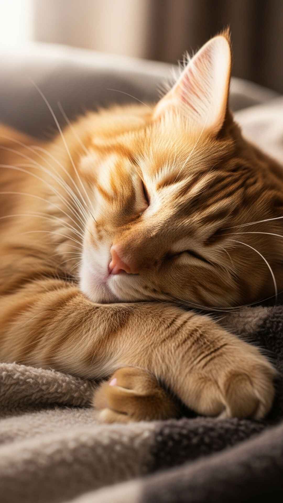 A close-up photo of a fluffy ginger cat sleeping soundly, with soft light on its fur