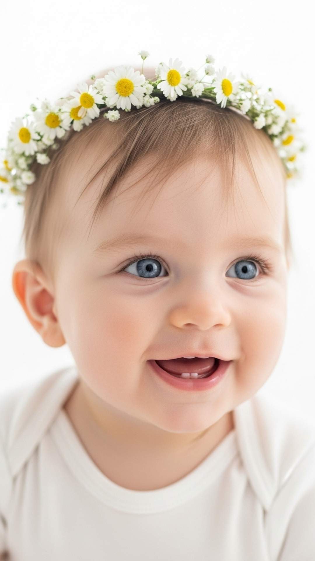 A close-up portrait of a smiling baby with bright eyes, wearing a simple floral crown against a clean, white background