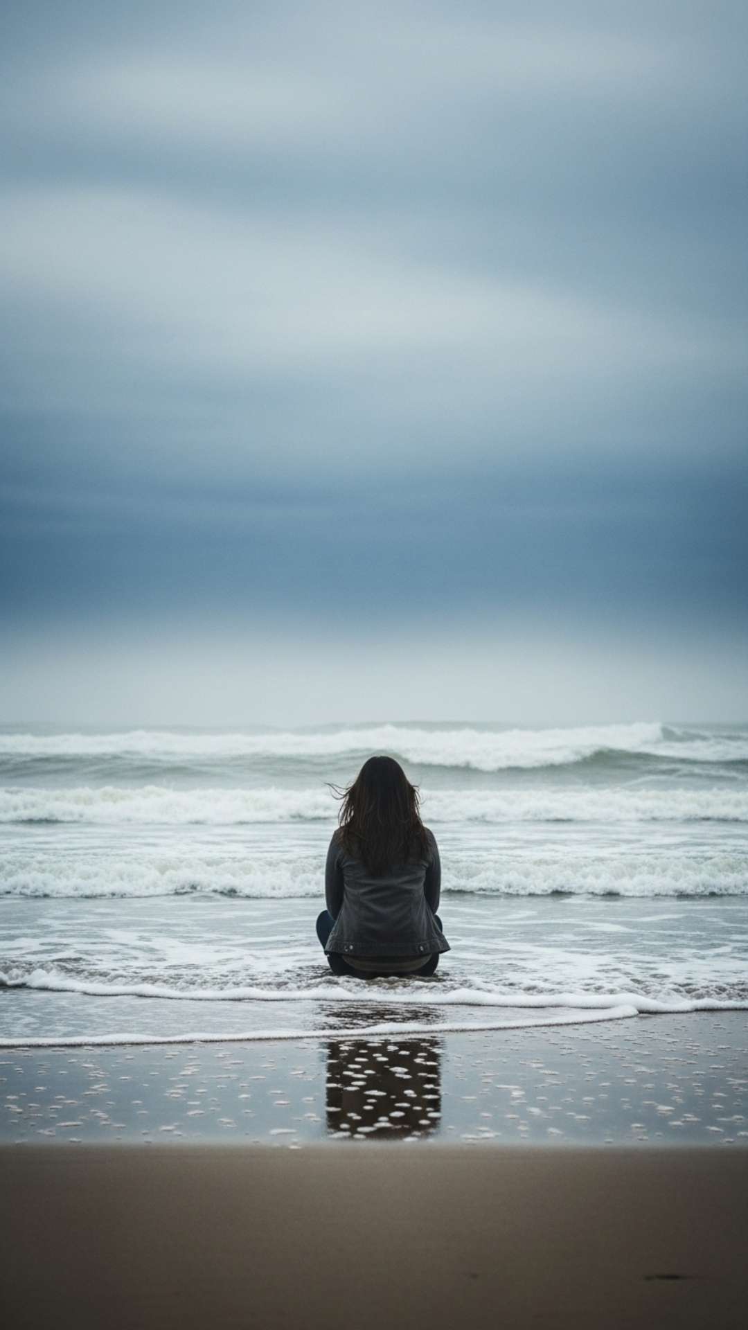 A girl sitting alone on a misty beach, looking out at a gray sea, conveying a feeling of peaceful sadness