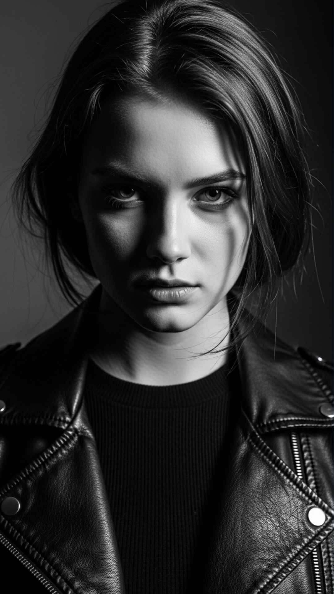 A striking, high-contrast black and white portrait of a girl with a fierce and confident expression.