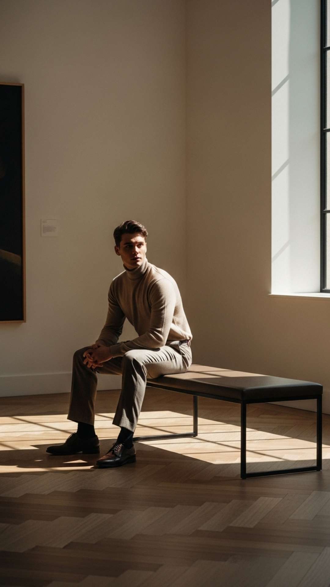 A stylish portrait of a young man in a beige sweater, sitting on a minimalist bench in a sunlit modern art gallery, with a neutral and aesthetic color palette.