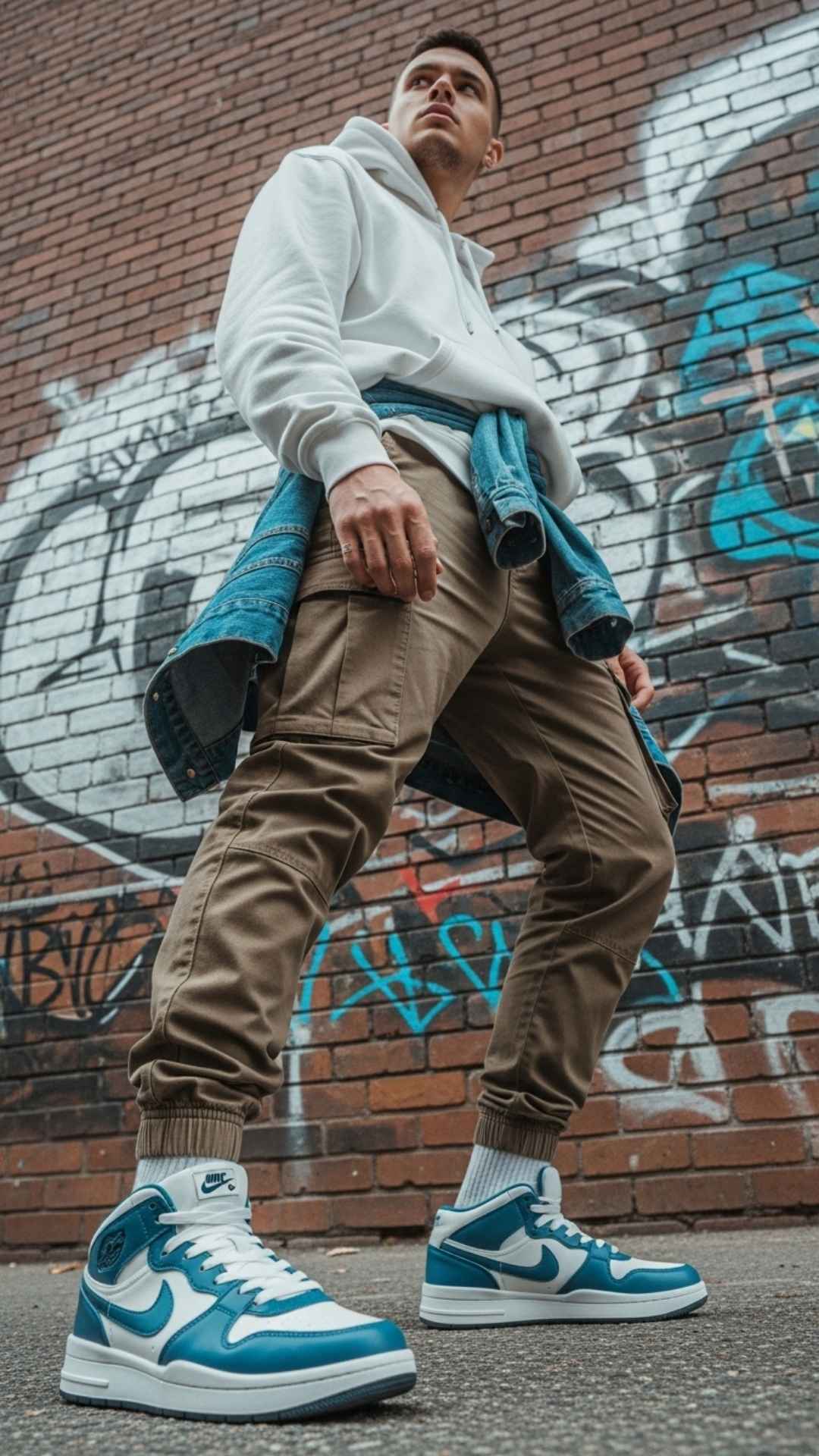 A vibrant, low-angle street style shot of a young man in an oversized hoodie and sneakers, standing in front of a graffiti-covered brick wall, showcasing his trendy urban outfit.