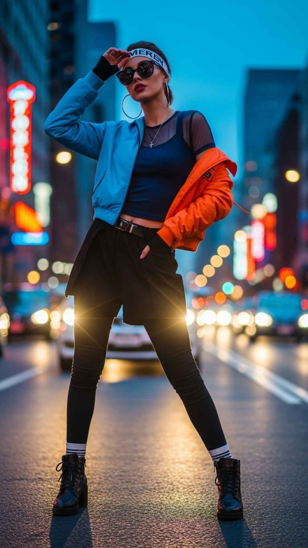 A stylish young woman in a trendy outfit posing on a city street at dusk with vibrant neon lights in the background.