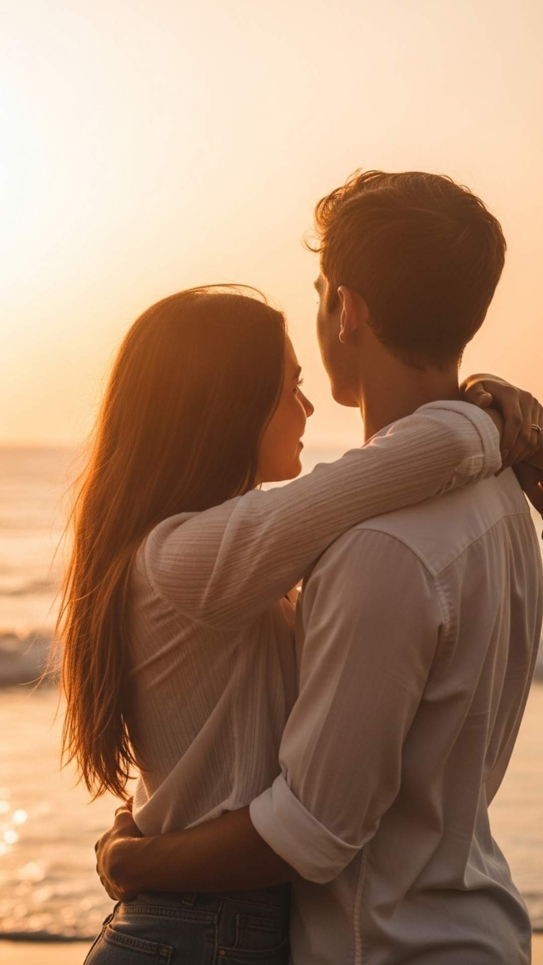A romantic couple on a beach during sunset, in a gentle embrace with soft, golden lighting.