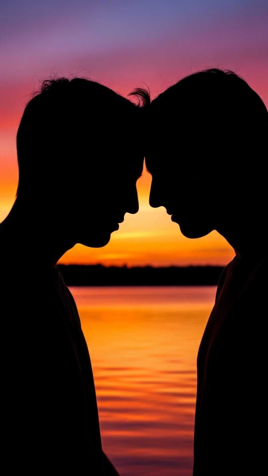 A silhouette of two people facing each other with foreheads touching, against a colorful sunset over a lake