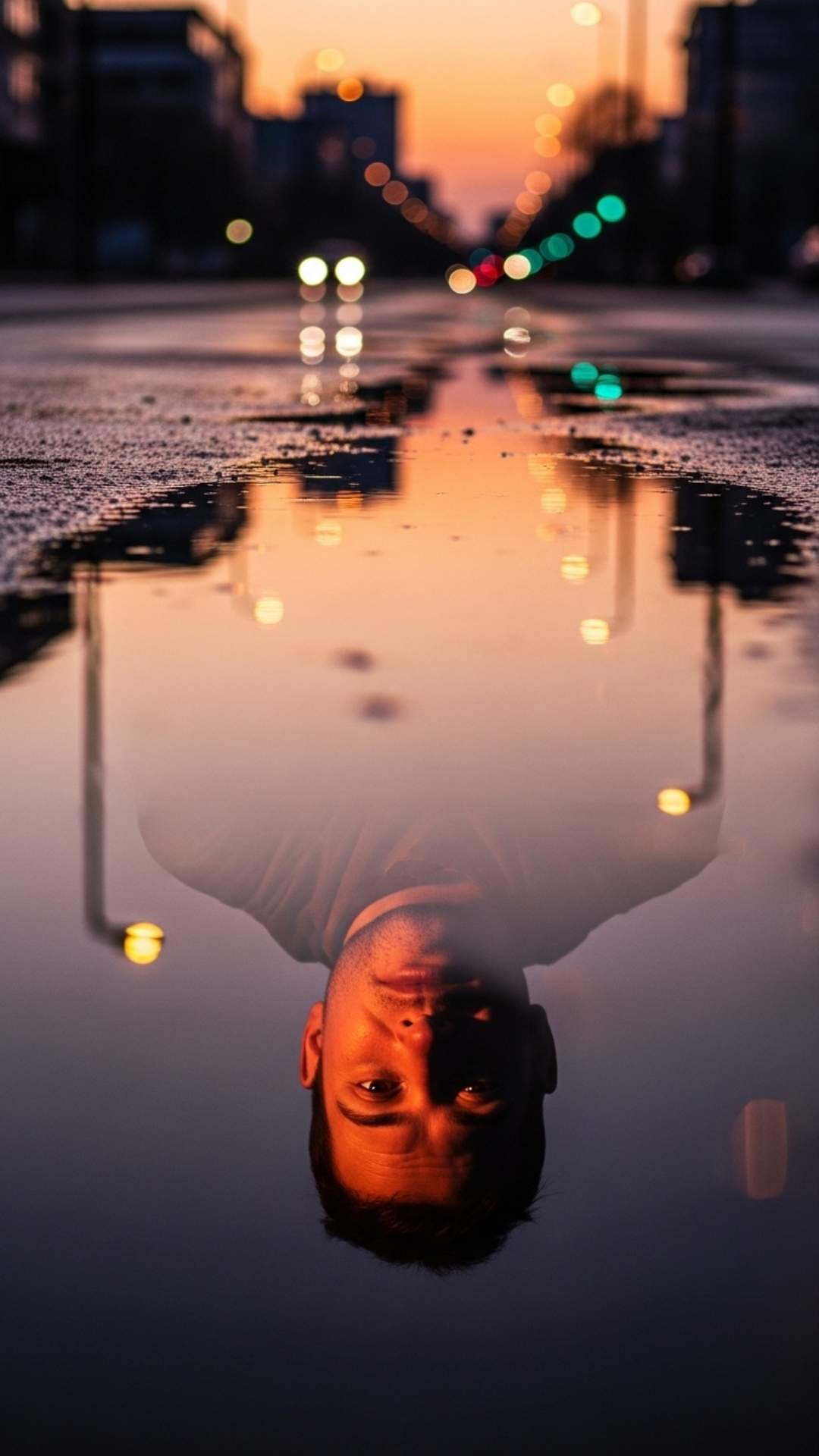 A man's reflection in a puddle on a city street at sunset, with the reflection in sharp focus.