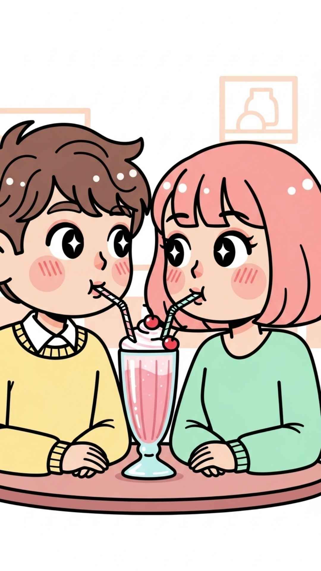 A cute cartoon illustration of a couple sharing a milkshake with two straws, in a sweet and innocent art style