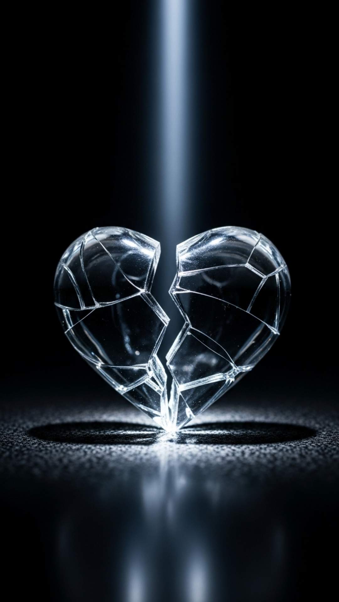 A broken glass heart is shattered into pieces, but still held together by a beam of light.